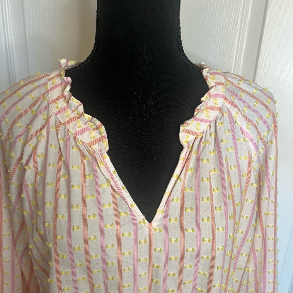 Talbots Sz M Pink Striped Jacquard Blouse Smocked Cuff Textured Swiss Dot Ruffle - Picture 5 of 9